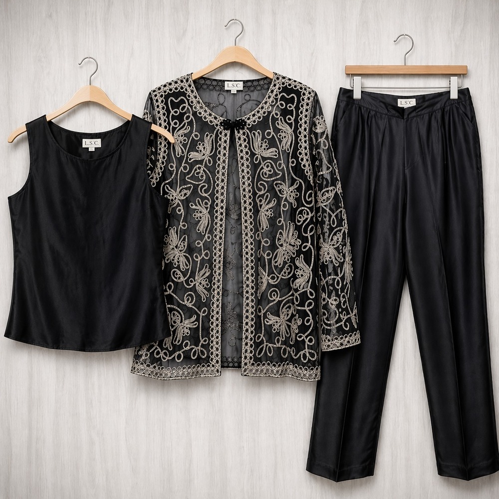 Vintage ISC Silk Set 3pc Black Gold Embroidered Pants Suit Artwear Medium